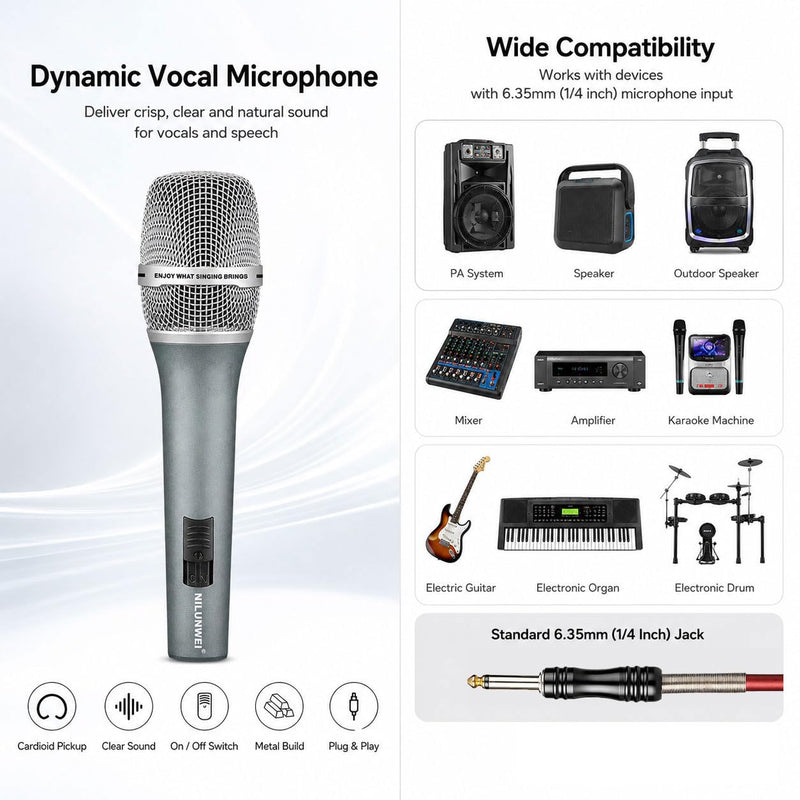 Dynamic Microphone - Heart shaped Directional Wired Microphone, used as a vocal microphone for live sing, with 14 foot XLR to 1/4 inch audio cable, desktop tripod, extension pole, Mic storage bag