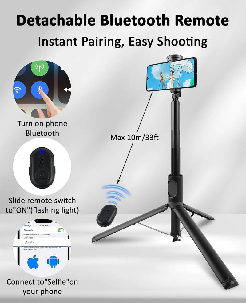 WOVTE 67" Automatic Phone Tripod, Auto-Open Selfie Stick Tripod with Wireless Remote, Portable Travel Phone Stand Compatible with iPhone/Android for Photograph, Video Recording, Live Streaming (Black)