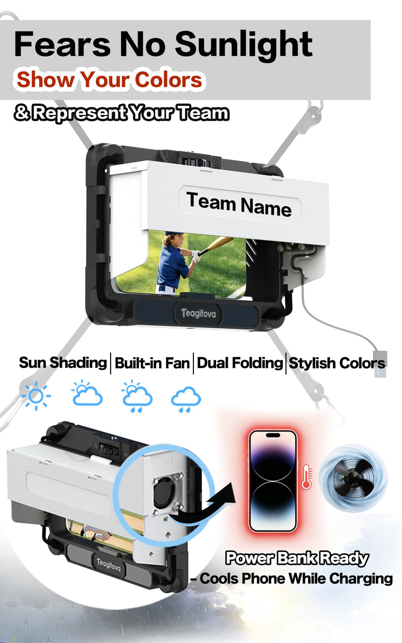 Phone Fence Mount with Sun Shade and Cooling Fan, Gamechanger Mounting Kit for Baseball Softball Tennis - Streaming Kit for iPhone, Clear View No Fence Bars in Frame (White) White