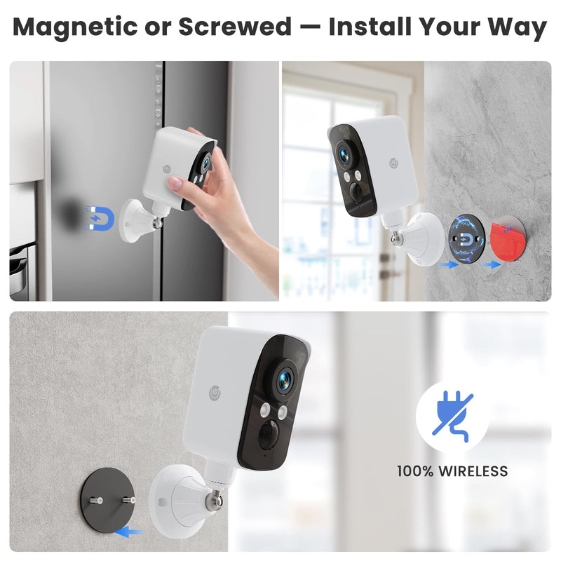300° Pan Wireless Outdoor Security Camera, No Subscription Free 7-Day Cloud/SD, AI Detection, Magnetic Mount, Battery Powered, 2.4G WiFi, 2K, Night Vision, 360° View, 2-Way Talk, Home Security, IP65