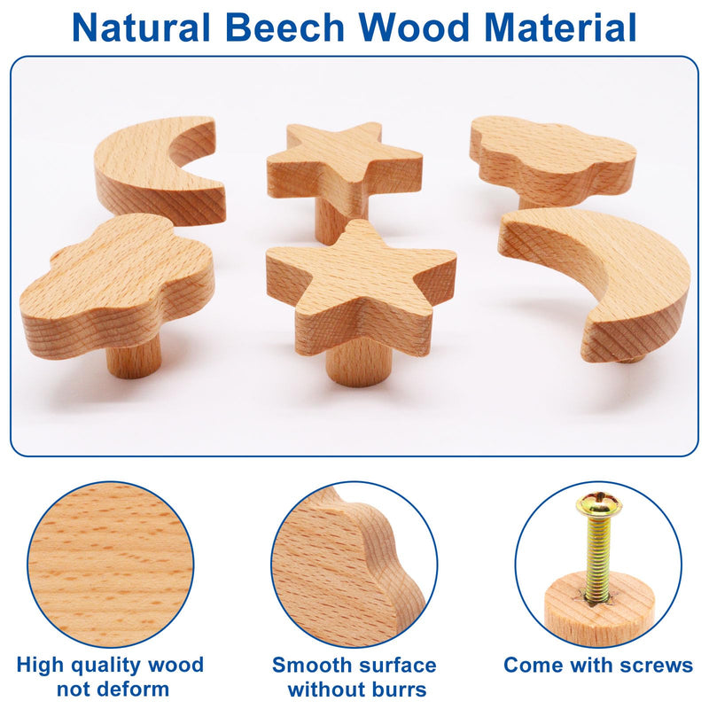 18pcs Wooden Cabinet Knobs, Star and Moon Shape Drawer Pulls Nursery Dresser Knobs Woodland Wooden Knob for Crafts Handles for Furniture Cupboard Closet Door (Moon Star Cloud) 18 Moon/Star/Cloud
