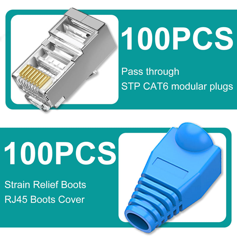 Brileine 100-Pack Cat 6 Pass Through Shielded RJ45 Connectors with RJ45 Boots Cover (Cat6 Connector/ Cat5e Connector/Ethernet Ends/Cat 6 Ends/ RJ45 Modular Plugs) for Solid or Stranded STP Cable 100+100