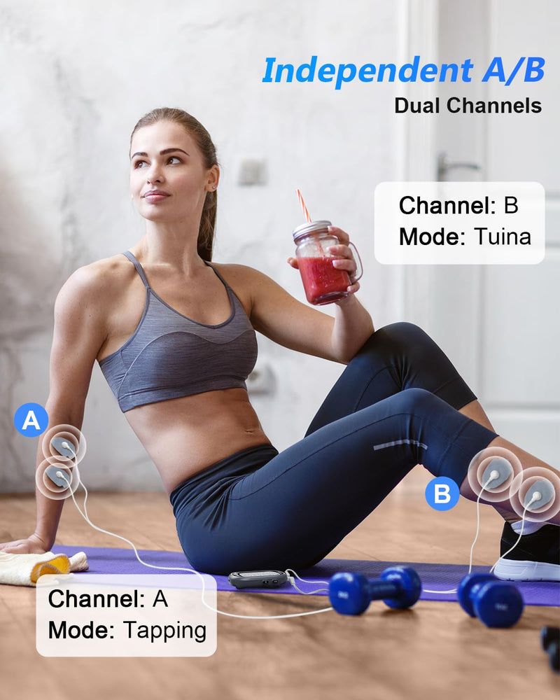  [AUSTRALIA] - TENS Unit Muscle Stimulator for Pain Relief Therapy–Dual Channel 24 Modes TENS Machine&EMS Muscle Stimulator,Upgraded Large Screen Portable Muscle Stimulator for Back,Shoulder,& Neck Pain with 10 Pads One out of Two Light Gray