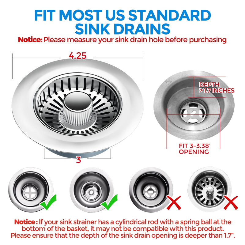 zaa Kitchen Sink Drain Strainer - Kitchen Sink Stopper,Stainless Steel Kitchen Drain Plug & Sink Installation Parts with Anti-Clogging Basket, Fit US Standard 3-1/2'' Sink Drain Hole