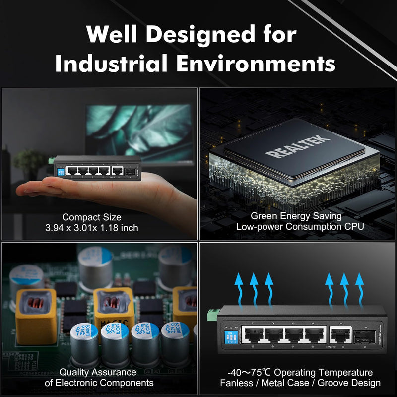 MokerLink 6 Port Industrial Din Rail Gigabit Switch - 4 x 100/1000Mbps Ports, 1 Gigabit Uplink, 1 SFP - Metal DIN-Rail & Wall Mount Ethernet Switch 6*1G