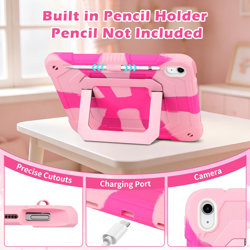SAMONPOW for iPad A16 Case 11th/10th Generation Kids Case 11/10.9 Inch Pink | 2025/2022 Rugged Shockproof Protective Cover iPad 11th/10th Gen Case with Multi-Angle Kickstand Pencil Holder for Girls Teens