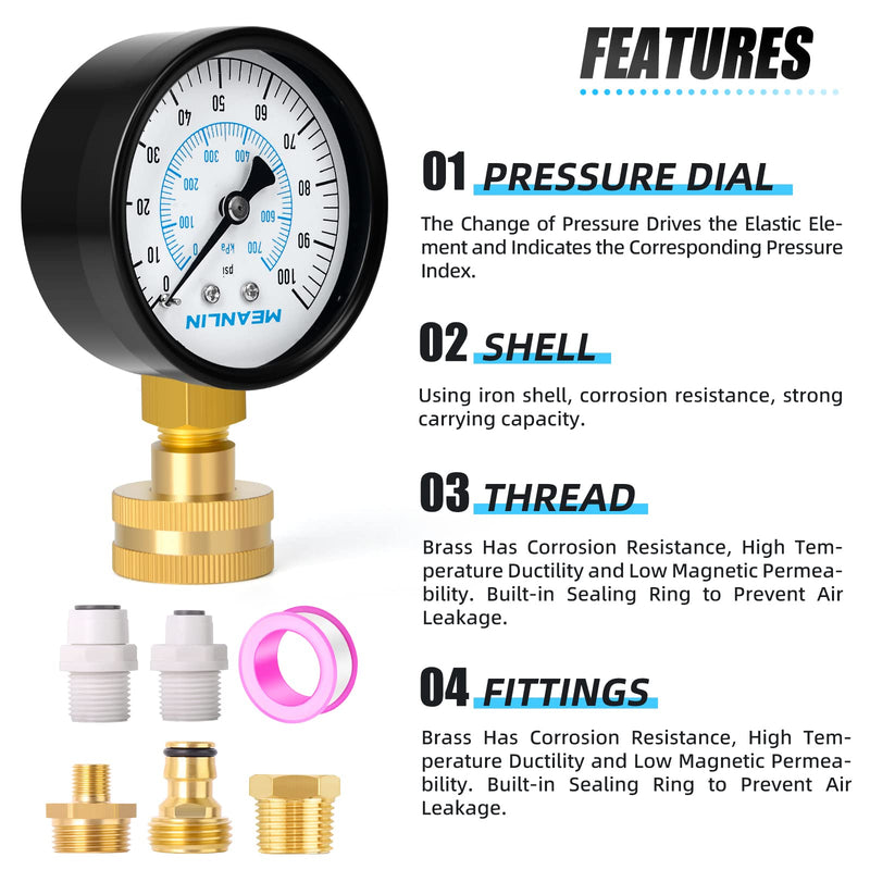 MEANLIN MEASURE 0~100Psi 3/4" Female Water Pressure Kit Plus 5 adapters, 2.5" FACE DIAL Multi-Purpose Pressure Gauge Kit, Hydraulic Tester,Suitable for Gardens, Water Pipes, etc 0-100Psi (With Fittings) No Liquid