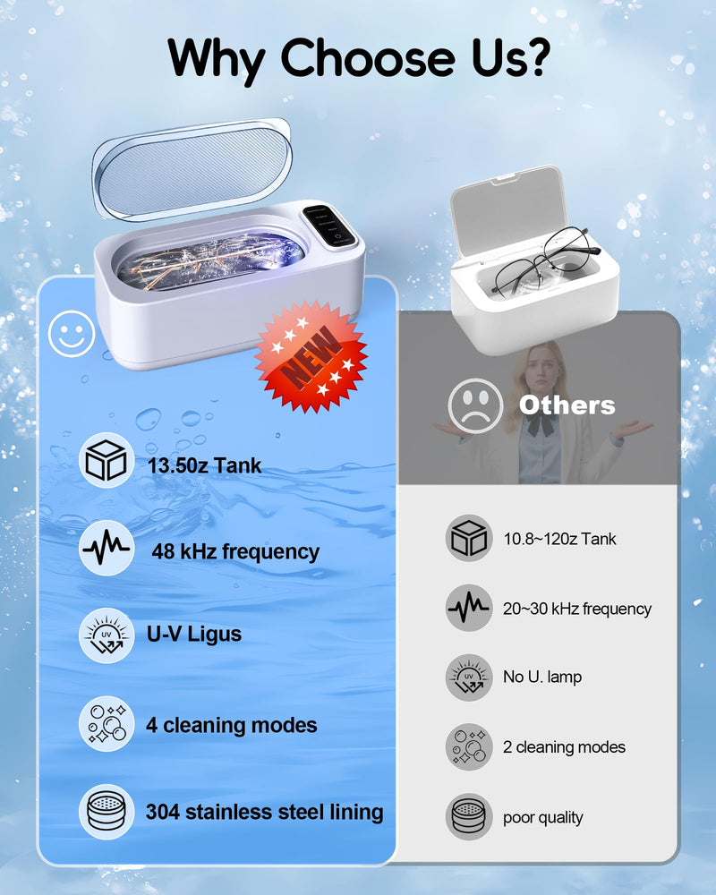 Ultrasonic Jewelry Cleaner Machine, 48KHz Ring Ultrasonic Cleaner, 4 Cleaning Modes - Suitable for Eyeglasses, Jewelry, Rings, Watchbands, Braces, Dentures, 13.5oz 304 Stainless Steel Tank for Gift White