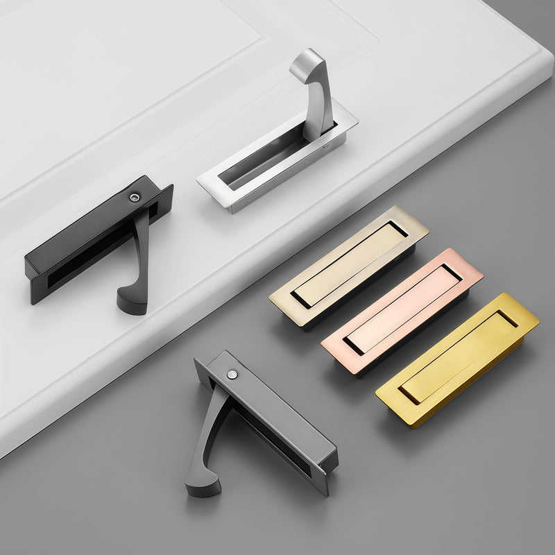 4 Pack Stainless Steel Recessed Pocket Door Pull Handle, Flush Mount Sliding Door Hardware with Hidden Finger Design, Used for Modern Furniture & Interior Doors, Brushed Brass 4 Pack