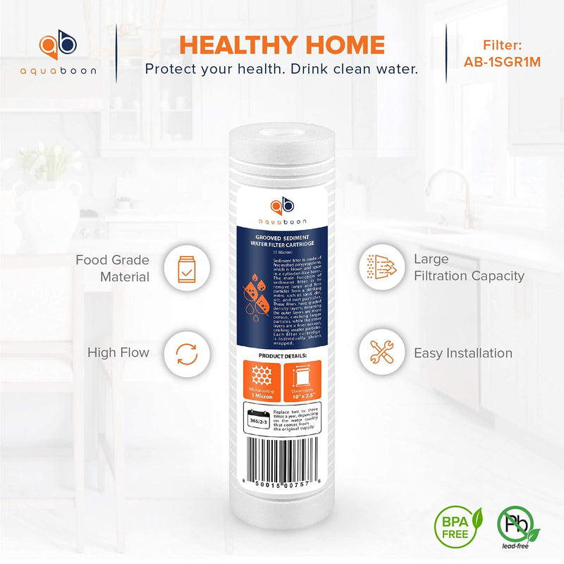 Aquaboon Whole House 1 Micron 10 x 2.5 PP Grooved Sediment Water Filter Cartridge Replacement Compatible with AP110, WHKF-GD05, CFS110, P5, 6-Pack