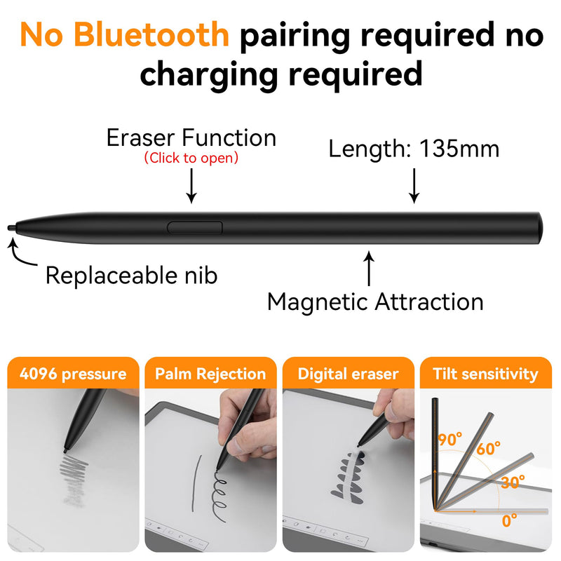 Magnetic EMR Stylus Compatible with Remarkable 2,4096 Pressure Level | No Charging Needed,Palm Rejection,Tilt Support,Eraser function,5 Replaceable Tips,for Samsung/Remarkable/Acer/Fujitsu/Wacom black
