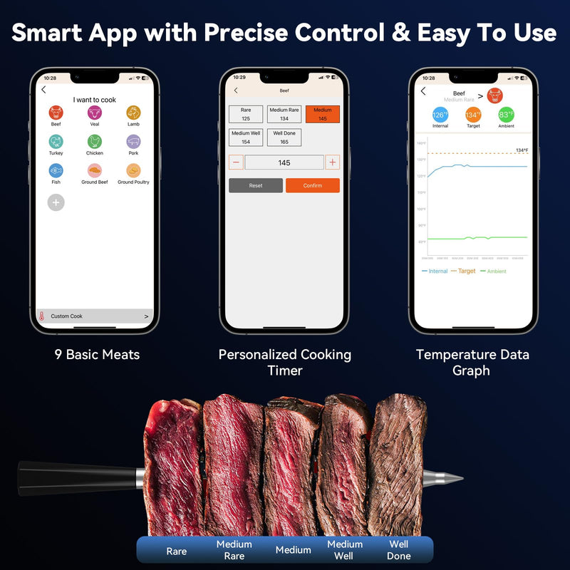 Smart Wireless Meat Thermometer Digital, 2 Probes, Advanced Bluetooth Food Thermometer for Cooking, IP67, Real-Time Monitoring & Smart Alerts with APP for BBQ, Grill, Oven, Smoker, Kitchen Gifts Black