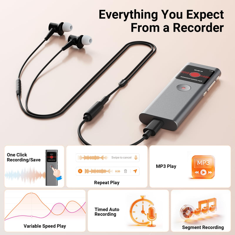 Yorlu AI Voice Recorder, Transcribe & Summarize with AI Note Taker | Voice Recorder for Meetings & Lectures & Interviews, Voice Activated with Playback, 90+ Languages, Portable Tape Recorder Grey