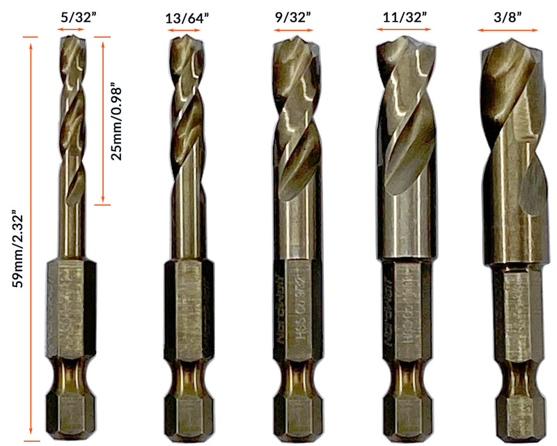 NordWolf 5-Piece M35 Cobalt Stubby Drill Bit Set for Stainless Steel & Hard Metals, with 1/4" Hex Shank for Quick Chucks & Impact Drivers, SAE Sizes 5/32"-13/64"-9/32"-11/32"-3/8" in Storage Box 5/32" to 3/8" (5 Pcs)