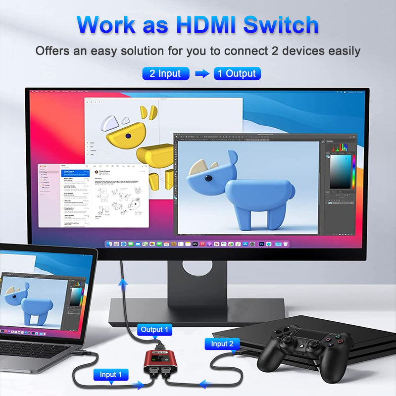 HDMI Switch Splitter 4K@60Hz, Aluminum Bi-Directional HDMI 2.0 Switcher, HDMI Splitter 1 in 2 Out/ 2 in 1 Out, Support 4K 3D HDR for Xbox, PS5/4/3, Fire Stick, Roku, HDTV, Projector, Computer(red)