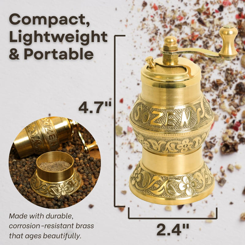 Sozen 4.7" Istanbul Manual Pepper Grinder Brass – Handmade Turkish Pepper Mill, Conical Burr Spice Grinder, Portable Hand Crank Mill for Salt, Peppercorns, and Other Spices with Durable Brass Decor