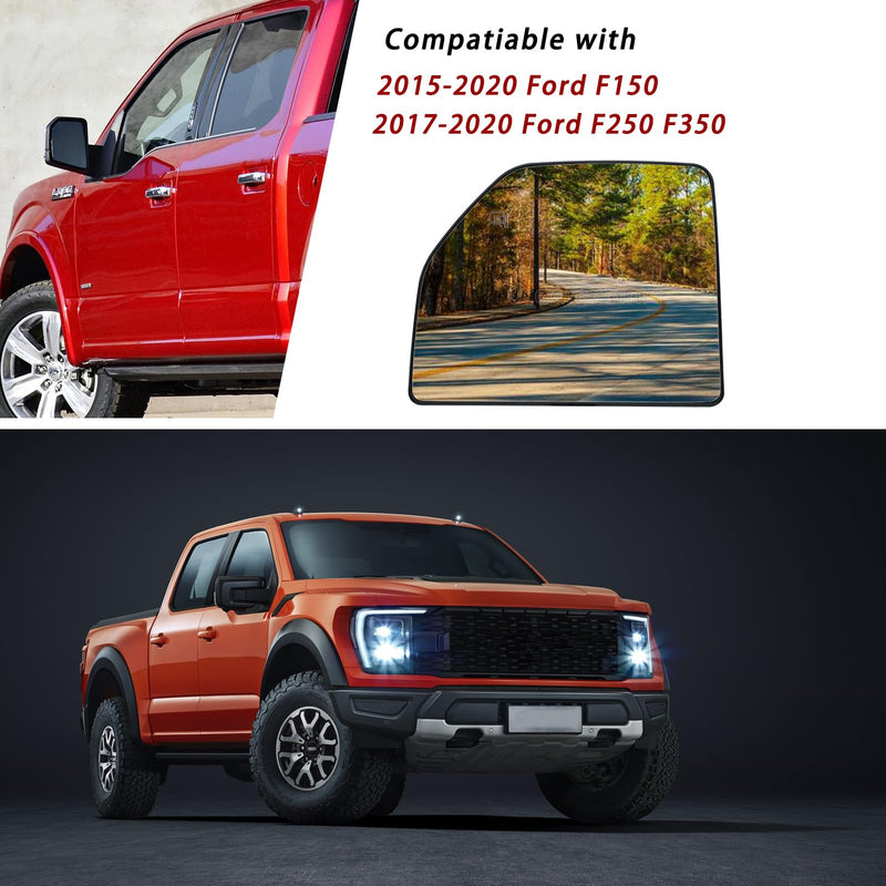Left Driver Side Heated Upper Mirror Glass Replacement For 2015-2020 Ford F150 2017-2020 Ford F250 F350 - Towing Mirror Convex Side Mirror Glass With Rear Holder Left (Driver Side)