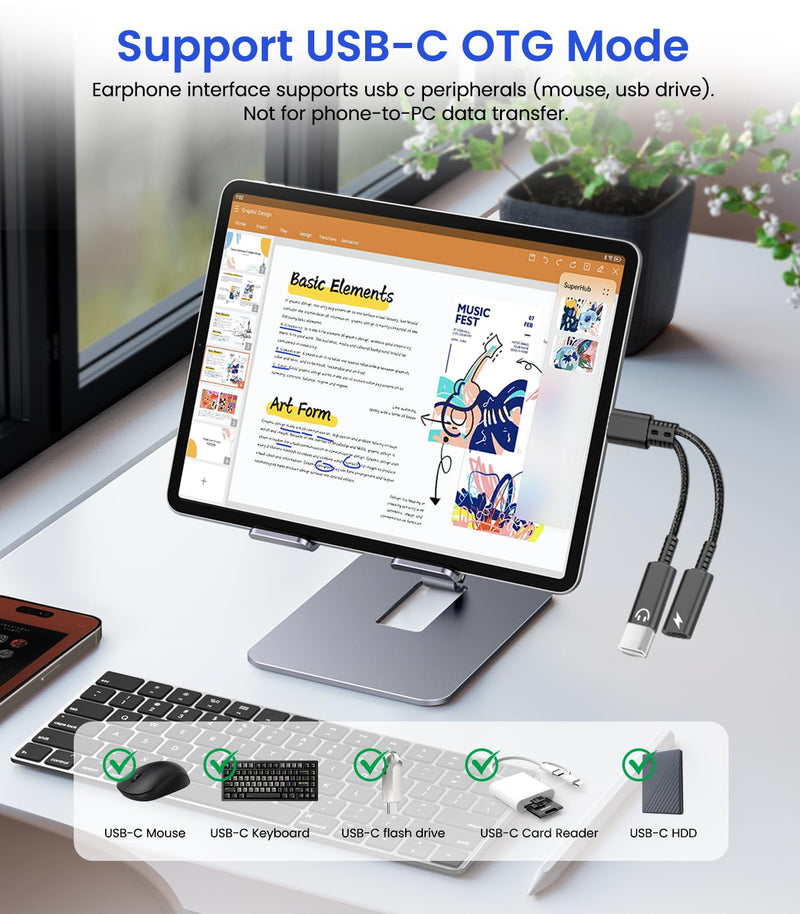 USB C Splitter 1 in 2 Out, Dual USBC Splitter with Charger & Headphone | USB-C Audio Adapter with PD 60W Fast Charging, Type C Dongle Cable for Apple iPhone 15 16 17/iPad Pro/Pixel/Galaxy