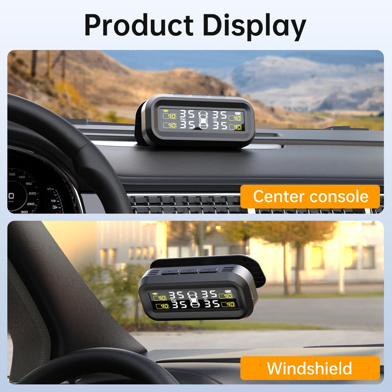 SEACOT Solar TPMS Tire Pressure Monitoring System - Professional Edition (0-87 PSI), 4 Sensors, Solar and USB Charging, LCD Display, 6 Alarm Modes, Suitable for Car, RV, SUV, MPV, and Sedans S21