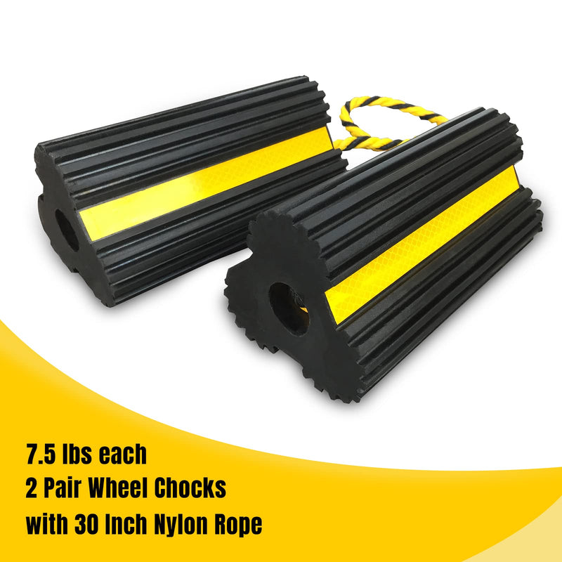 2 Pair Rubber Heavy Duty Dual Wheel Chocks Front and Back, RV Leveling Blocks Non Slip Base with Nylon Rope Yellow Reflective Tape for Travel Trailers, Car, Camper, Truck (4 Pack) 2 PAIR