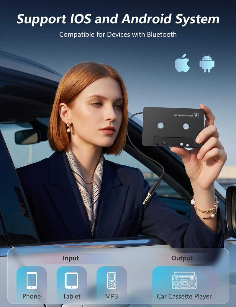 Car Cassette Adapter with USB-C to 3.5mm Audio Adapter, Cassette to AUX Adapter for Car, Compatible with Samsung Galaxy, Google Pixel, Xiaomi, Huawei & USB-C Devices, Stable Audio Connection