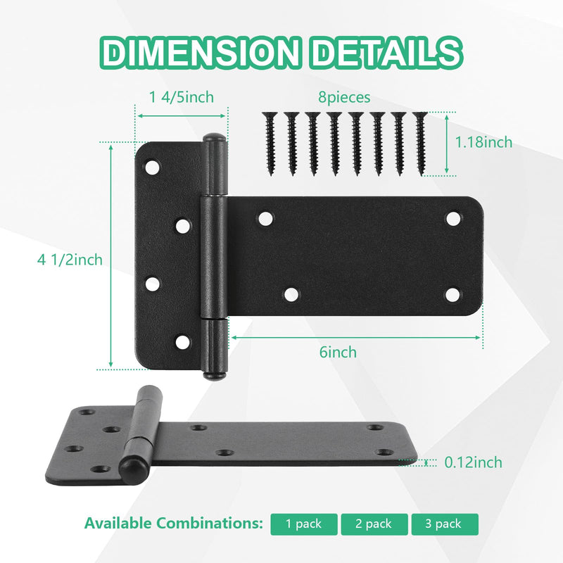 6 inch Gate Hinges,280 Lbs Capacity, Matte Black Hinges,4 Pack Heavy Duty Door Hinge, T-Strap Shed Gate Hinges, Wrought Hardware for Wooden Fences, Barn Door Hinge(6“-6 pcs-Matte Black) 6“-6 pcs-Matte Black