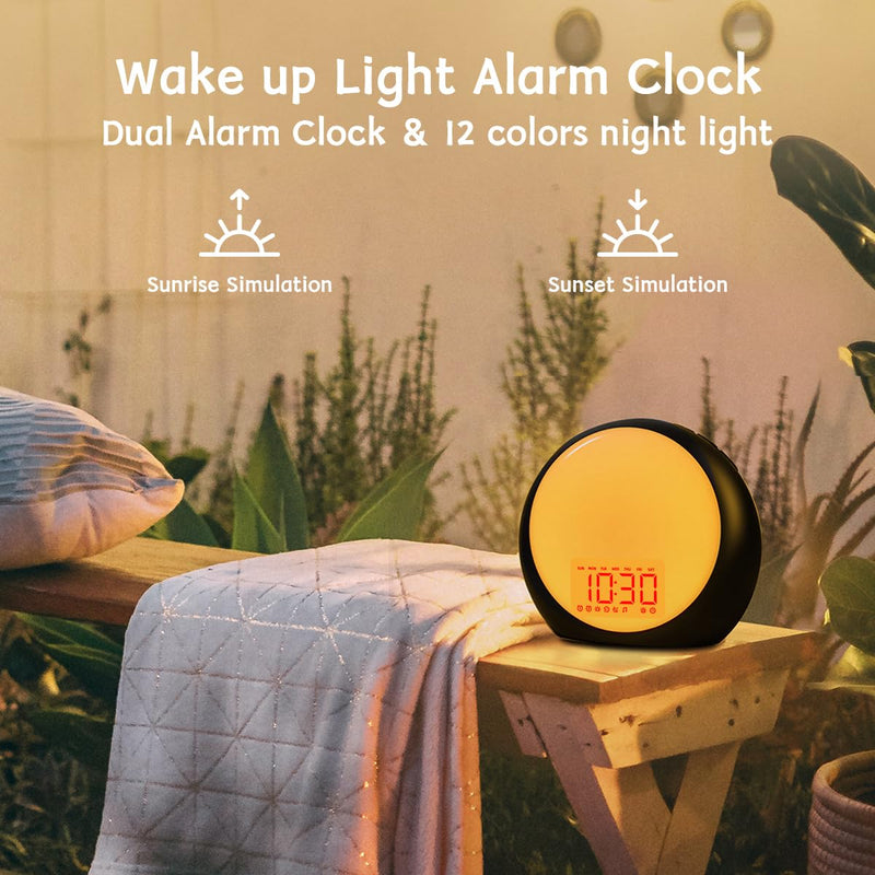 Sunrise Alarm Clock Wake Up Light for Kids Heavy Sleepers Bedroom with Sunrise Sunset Simulation Sleep Aid Dual Alarms Snooze Nightlight Brown Noise sound machine with 25 Nature sounds for Sleeping Black