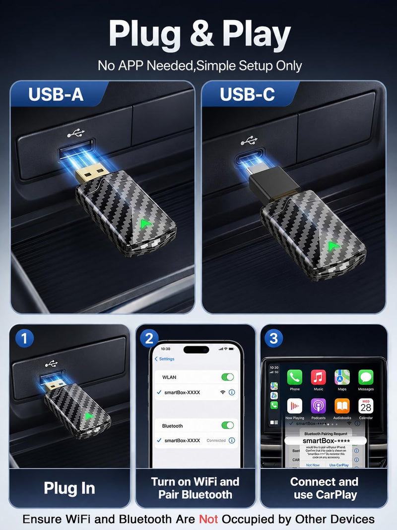 Carbon Fiber Wireless Android Auto & CarPlay Adapter, Wired to Wireless | Auto Reconnect, Fast Stable on Rough Roads, Gold-Plated USB, Mini Design, Easy to Use, Plug & Play with OEM Wired Cars 2016+ Carbon