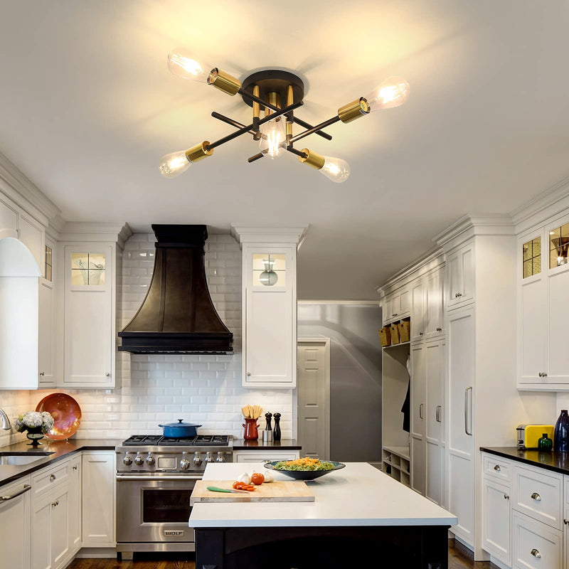 UOFUS Farmhouse 5-Light Semi Flush Mount Ceiling Light Fixture with E26 Modern Matte Black and Gold Chandelier Sputnik Ceiling Lamp for Hallway Kitchen Dining Room Bedroom Study Living Room Bathroom 5 light