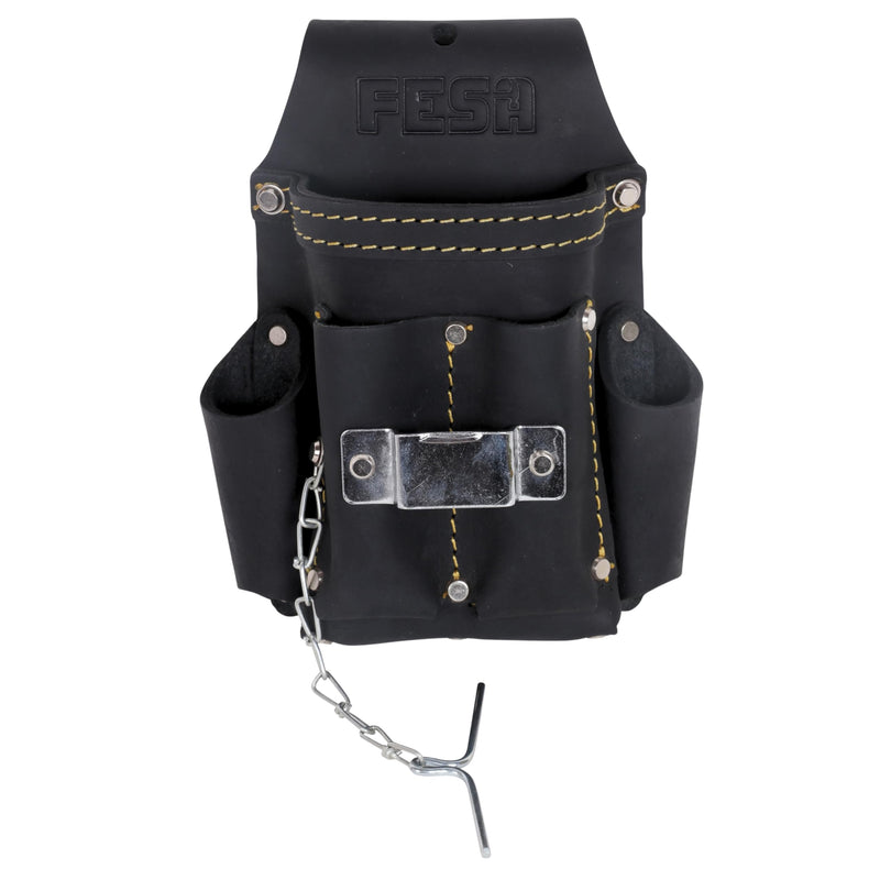 FESA Small Electrician's Tool Pouch - Leather 7-in-1 Small Tool Pouch with Steel Tape Measure or Drill Clip, Tape T-Chain & 5 Pockets - Clip On Any Belt - Handcrafted Black