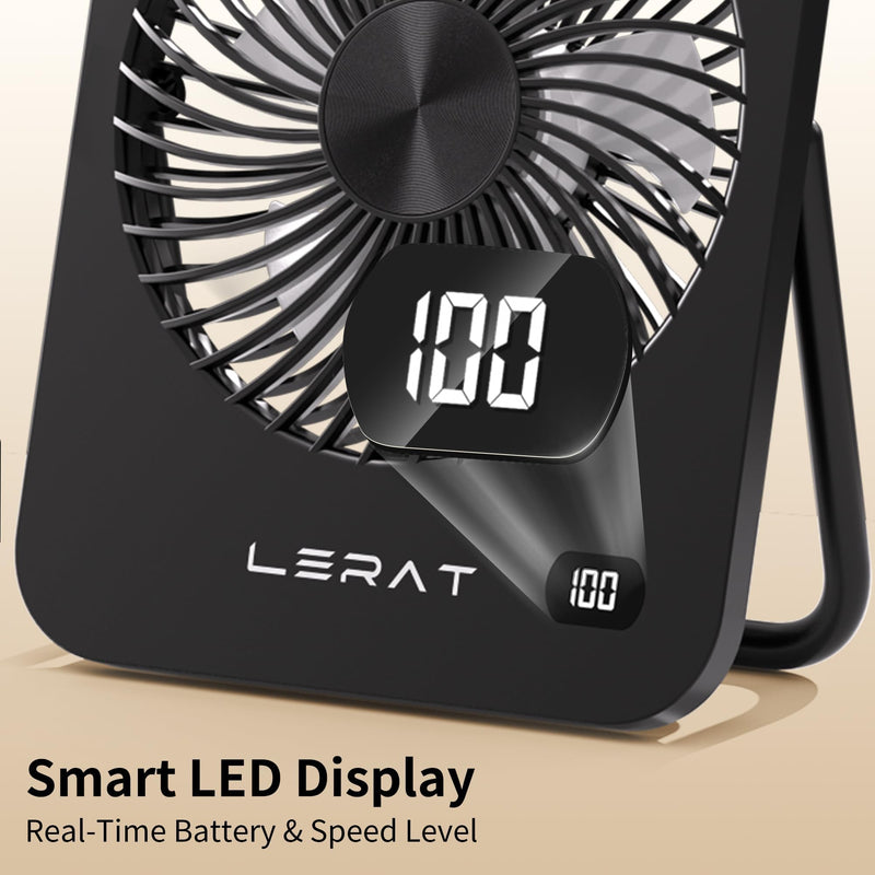 Lerat Portable Desk Fan, Small USB Rechargeable Fan with LED Display, 5-Speed Ultra-Quiet 180° Foldable Mini Fan for Summer Cruise Travel, Cooling Gifts for Women Girls Kids (Black) Black