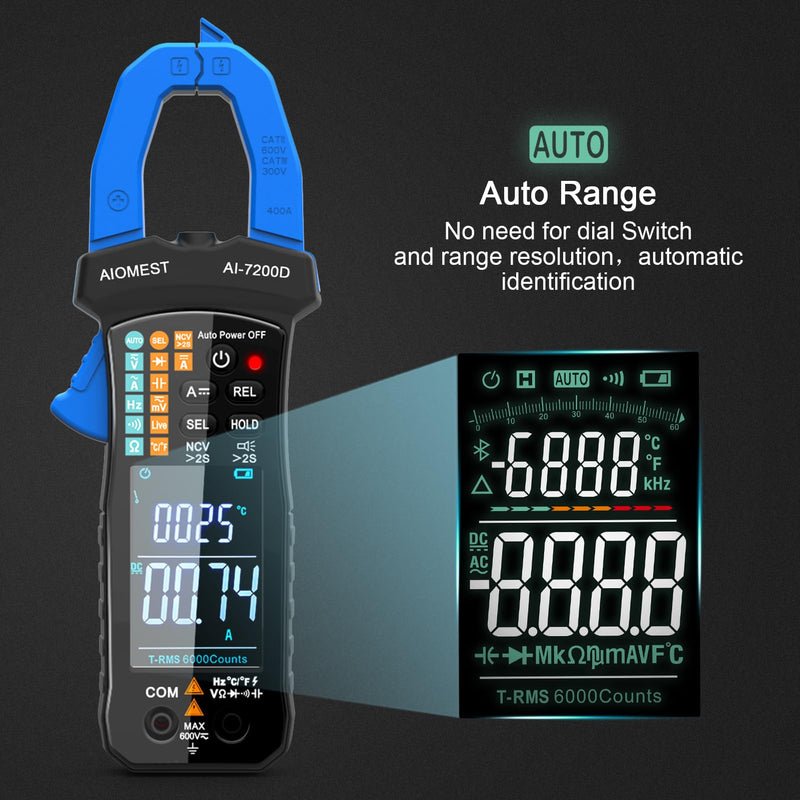AIOMEST Digital Clamp Meter, 6000 Counts Handheld Multimeter Slim Voltage Tester Auto-Range 60A/400A True-RMS w/NCV, DC & AC, Temp, Volt Ammeter AI-7200D