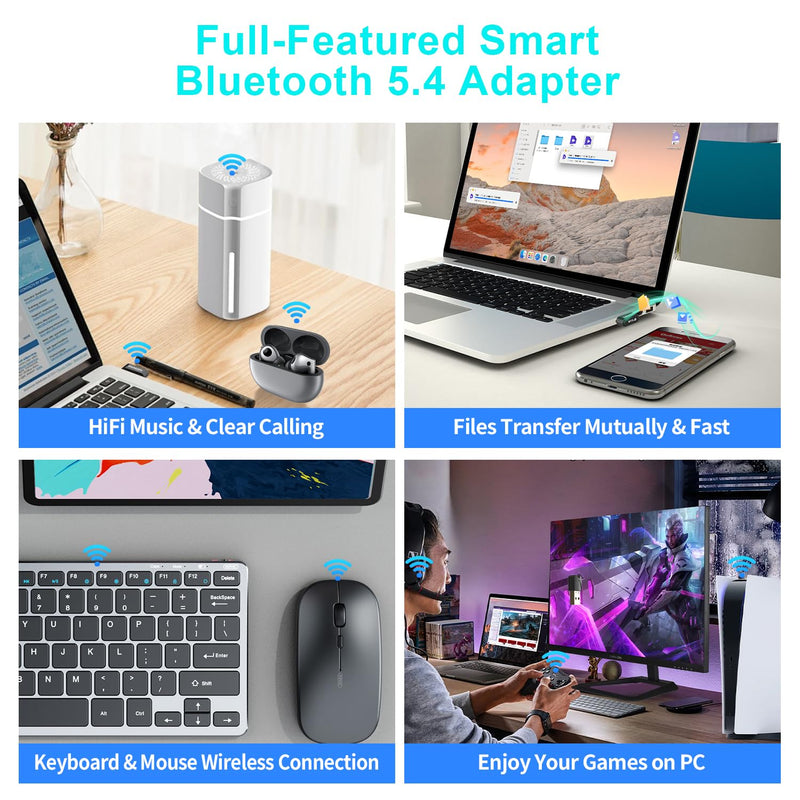 Mini USB Bluetooth 5.4 Adapter for Laptop PC, Wireless Transmitter Dongle for Desktop Windows 11 10 8.1 7, Plug n Play Bluetooth Headphones Speaker Mouse Keyboard Printer Controller
