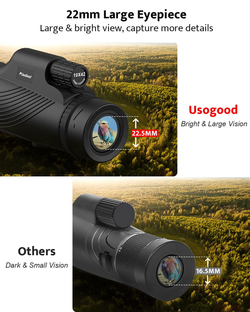  [AUSTRALIA] - Monocular Telescope, 10x42 Monoculars for Adults, Usogood Compact Portable Waterproof Monocular with Hand Strap, Lightweight Handheld Pocket Telescope for Bird Watching Light Black