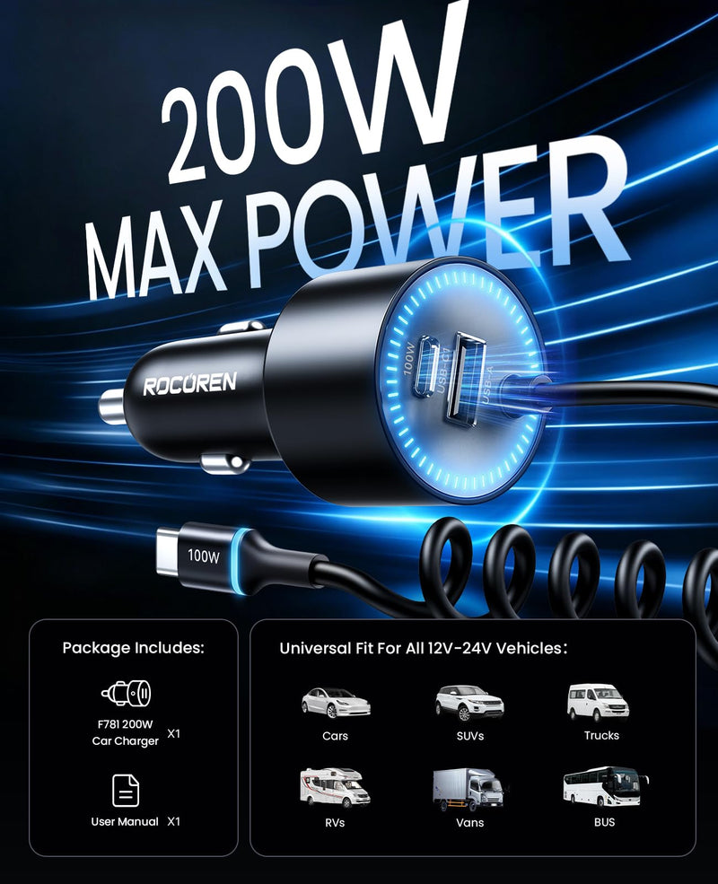 Rocoren 200W USB‑C Fast Car Charger, 5.2Ft Coiled Cable for Laptops & Phone | Super Fast Charging Travel Essentials for iPhone 17/16/15 Pro Max, MacBook Pro Air, Samsung S26/S25, iPad Pro