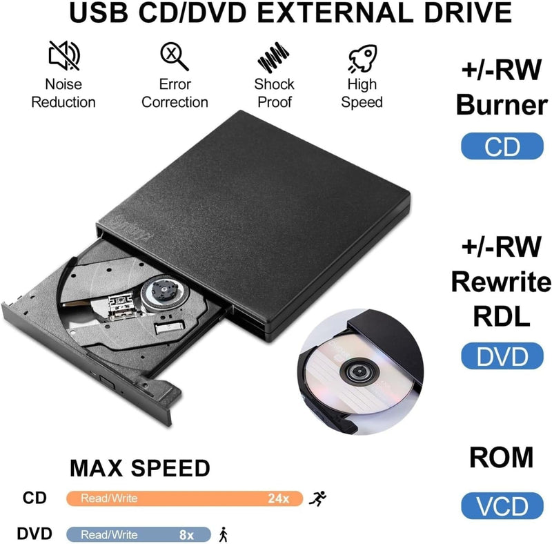External CD DVD Drive, USB-A & USB-C CD Burner for Laptop, PC & Mac | Portable DVD Burner & CD Reader Writer, Play & Burn 2-in-1 External Disc Drive Compatible with Windows, macOS & Linux 2-in-1-Matte Black