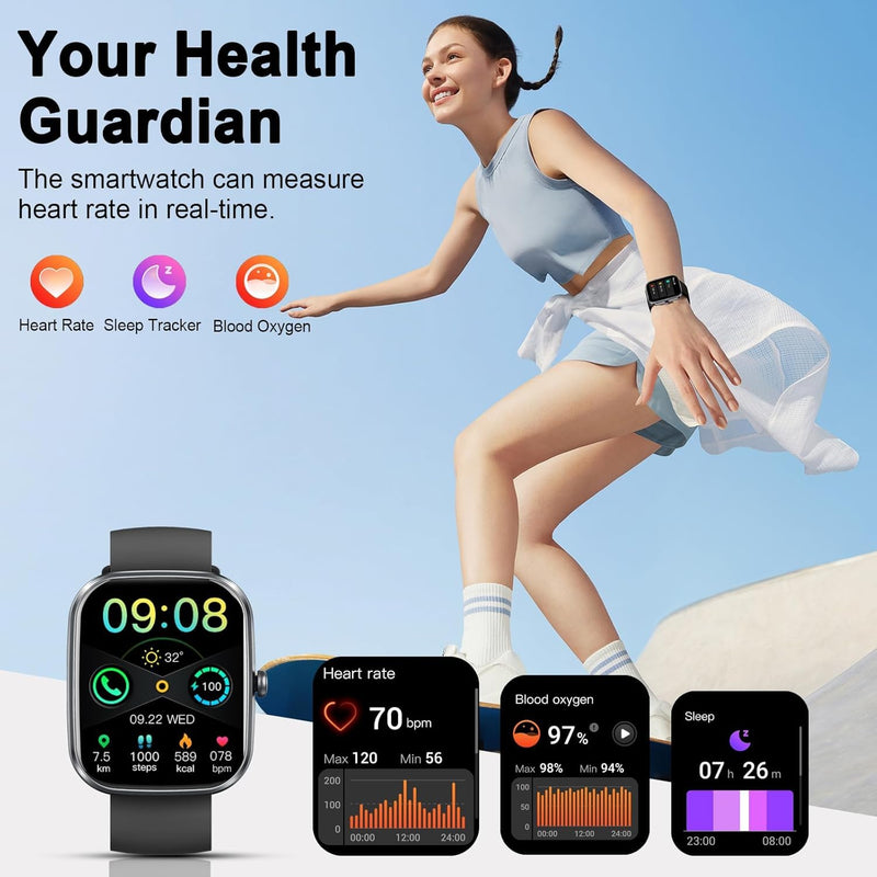 Smart Watch for Men Women, 1.91" HD Touch Screen Smart Watch Answer/Make Calls, Fitness Watch with Heart Rate/Sleep Monitor,100+ Sport Modes Fitness Tracker, IP68 Waterproof Smartwatch for Android iOS Black