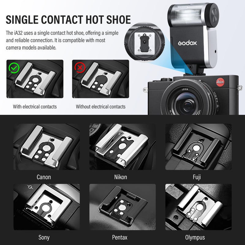 Godox iA32 Mini Flash Camera Iflash ia 32, Speedlite GN15 with 8 Power Levels 1/128-1/1 Compact Portable Auto and Manual Hot Shoe Flashes for Fuji, for Canon, for Nikon, for Sony (Godox iA32 Flash)
