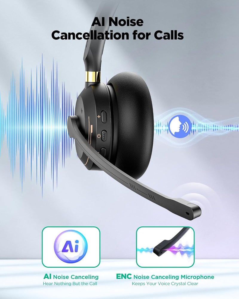 Wireless Headset with Mic for Work,Bluetooth Headset for Calls & Meetings | Headset with Microphone for PC, Bluetooth 5.3 & 2.4G Dongle Headphones with Mic for Office/Call Center/Home/Computer/Phones Black Golden