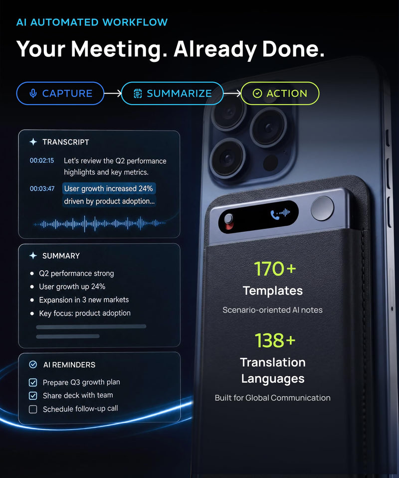 AI Voice Recorder with Transcription, AI Summary, Speaker ID, Noise Reduction, 64GB Memory, 138 Languages, App Control, for Meetings, Calls, Lectures, Interviews, Lite