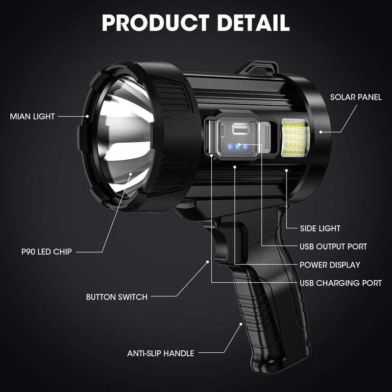 Rechargeable Spotlight, 1,000,000 Lumens Super Bright Handheld Led Flashlight, Outdoor Spot Light with Cob Light and Solar Panelsfor Boating Camping