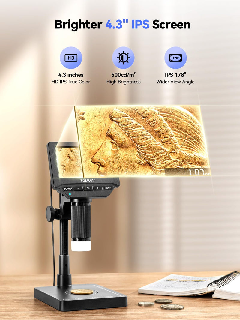 TOMLOV DM4W Microscope with Weighing Scale: 4.3" Digital Coin Microscope with Screen, Error Coin Magnifier with Lights, Weight Scale for Collectors, Jeweler, Students, Compatible with Windows/Mac Digital Microscope with 4.3 Inch Screen