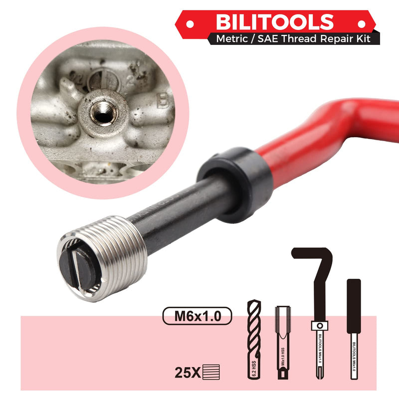 BILITOOLS M6x1.0 Thread Repair Kit, HSS Drill Helicoil Repair Kit Metric M6 x 1.0