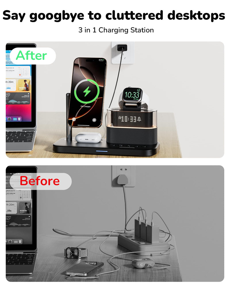 5 in 1 Wireless Charging Station for Apple,Mag-Safe Charger with Alarm Clock Night Light for Multiple Devices,Nightstand Charging Station for iPhone 17/16/15/14/13/12,Apple Watch Series,Air-Pods Qi1-Black