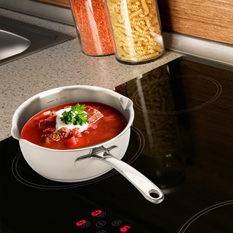DEAYOU 18/10 Stainless Steel Butter Warmer Pan, 0.8-Quart Measuring Saucepan with Dual Pour Spout, Small Milk Butter Melting Pot, Induction Heavy Bottom Sauce Pan for Stove Top, Soup, Chocolate, 25OZ