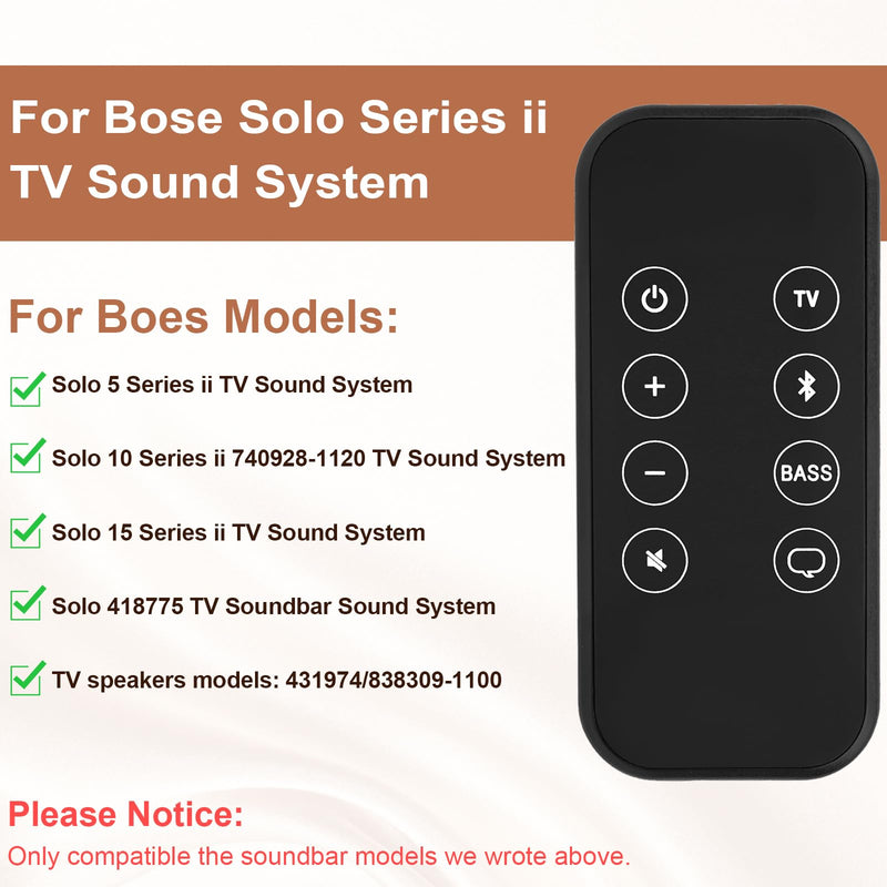 2 Packs Remote Control for Bose Solo 5 10 15 Series II TV Sound System, for 418775 431974 845194 838309-1100 740928-1120, for Bose 5 10 15 Series II TV Speaker and Solo Soundbar Series II wr Battery