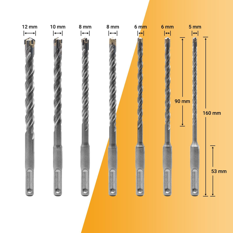 SDS Plus Concrete Drill Bit Set, 7-Piece (5-12mm x 160mm) — Premium Carbide-Tipped Masonry Drill Bits for Concrete, Brick, Block & Stone, Max Hardness 92 HRC, Ideal for Hammer Drills 5-12 mm x 160 mm Masonry Drill