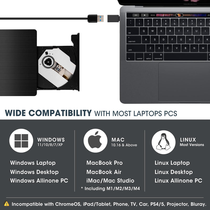 ROOFULL External CD DVD Drive for Laptop, Genuine USB 3.0 Portable CD/DVD Player Burner Reader Writer Adapter for Windows 11/10 Computer Mac MacBook Linux PC 2 In 1 Drive
