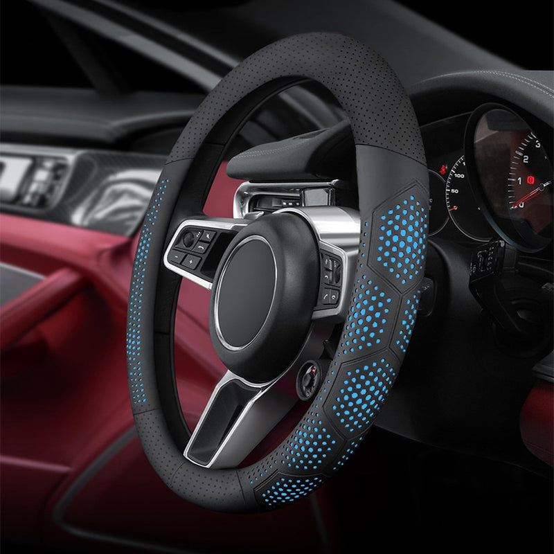 Leather Steering Wheel Cover for Jeep Wrangler Grand Cherokee Compass, 14.5-15 inches Car Steering Wheel Cover with Non-Slip Breathable (Blue) Blue