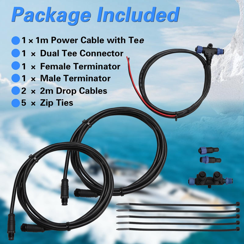 EVRBUL Marine Grade NMEA 2000 Starter Kit, NMEA 2000 Backbone Cables Drop Cables Dual Tee Connector Male/Female Terminators Compatible with Lowrance Simrad Garmin Device